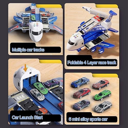 Airplane Toy Race Track Kids Toys, Foldable 4 Layer Toddler Car Track Playset, Toy Plane Transport Car Carrier & 6 Race Cars, Toddlers Toys Birthday Xmas Gifts for Age 3 4 5 6+ Years Old Boys Girls thumbnail 3