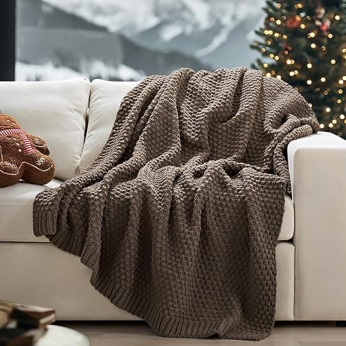 EVERGRACEHOME Chunky Chenille Knit Throw Blanket for Couch, Soft Luxurious Moss Stitch Blankets for Bed, Cozy Decorative Farmhouse Knitted Throws for Sofa, Mocha Brown, 60" x 80" - Image 1