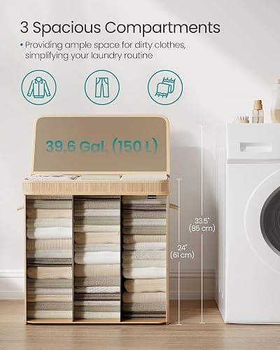 SONGMICS Laundry Hamper with Lid, Bamboo Laundry Basket, Removable Machine Washable Hamper Basket, with Handles, 150 L, for Laundry Room, Bedroom, Washroom, Natural Beige LCB062N01 thumbnail 3
