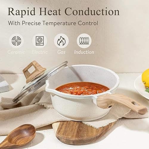 CAROTE 1.5Qt & 3.0Qt Sauce Pan Sets with Lid Cooking Pots Nonstick Saucepans Cookware Set with Pour Spout Small Kitchen Pot, Induction Comptable, Easy to Clean, PFOA FREE (White Granite) thumbnail 4