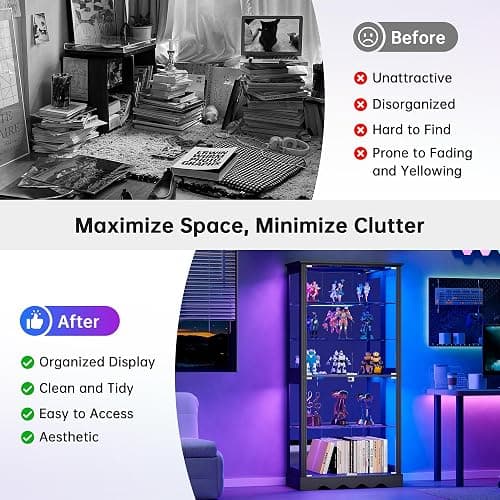 Dystler Display Cabinet with Glass Doors, RGB Lights for Collectibles | 71'' Tall with Adjustable Shelves, Human Sensor LED Lighting Curio Cabinet, Black thumbnail 8