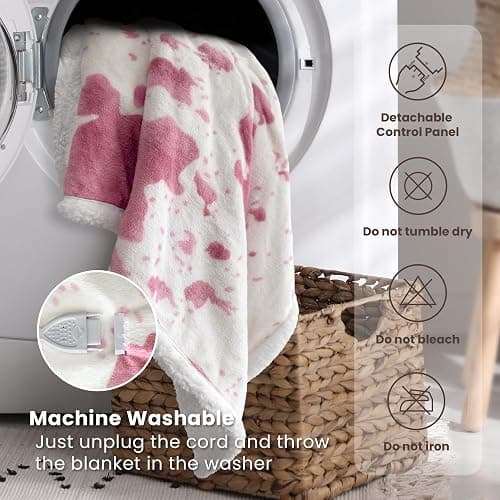 blunique Cow Print Heated Throw Blanket Electric Blanket-Heating Blanket Throw with 10 Heat Levels & 10 Hours Auto-Off, Cozy Soft Fleece Sherpa, Washable, 50 x 60 Inches Cow Print Pink thumbnail 6
