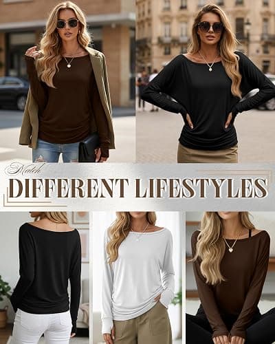 Huukeay 3 Pack Off The Shoulder Boat Neck Tops for Women, Long Sleeve Thumbhole Side Ruched Shirts Loose Causal Tunic Tees thumbnail 4