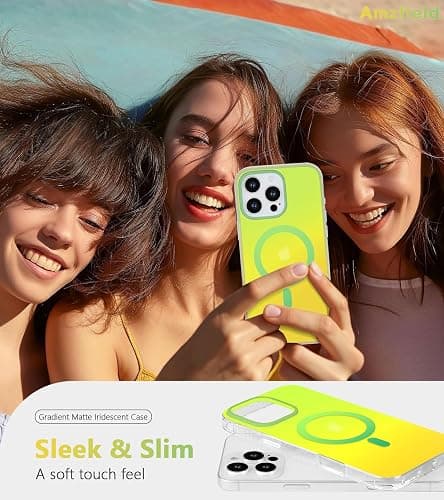 Amzfield Magnetic for iPhone 16 Pro Max Case, Compatible with MagSafe Cute Colorful Gradient Iridescent Matte Shockproof Protective Rainbow Aesthetic Phone Case for Women Girls Green & Yellow thumbnail 7