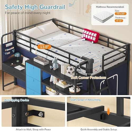 Twin Low Loft Bed for Kids with Built-in Desk, 6 Storage Drawers, Open Bookshelf, Under-Bed Play Tent with LED Lights, Metal Twin Size Loft Beds with Safety Guardrail & Inclined Ladder, Blue and Black thumbnail 7