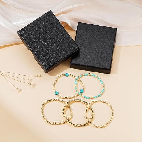 Turandoss 5PCS Gold Beaded Bracelets for Women Teen Girls, 14K Gold Plated | Gold Beaded Bracelet Stack, Dainty Turquoise Cross Pearl Round Ball Bracelet Set, Women Teenage Girls Birthday Gifts Jewelry thumbnail 7