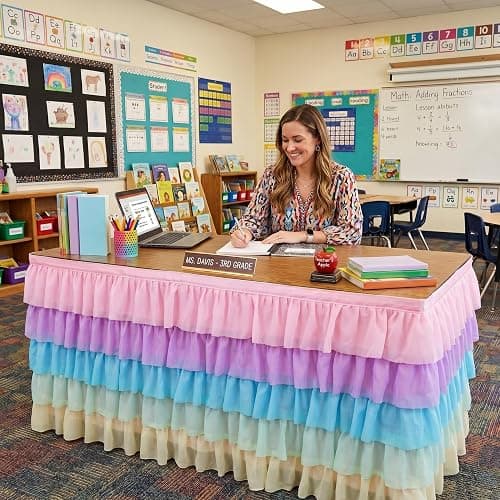 Tioncy 6 Ft X 30 in Pastel Ruffled Teacher Desk Skirt | Tulle Table Skirt, Rectangle, for Back to School First Day of School Classroom Office and Boho Birthday Party Decoration thumbnail 6