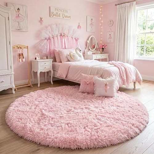 Amdrebio Pink Circle Round Fluffy Area Rug 4Ft for Girls Bedroom Kids Room | Fuzzy Shag Plush Furry Carpet, Nursery Classroom Dorm Office Playroom Decor, Cute Princess Aesthetic, Baby Toddler Corner thumbnail 2