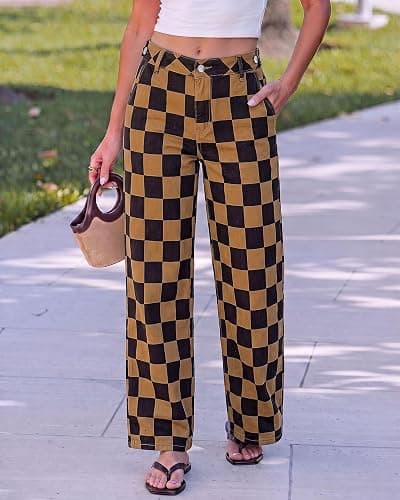 luvamia Checkered Pants Women High Rise Cinch-Waist Stretchy Wide Leg Jeans | Adjustable Waist, Patterned Pants for Women, Baggy Jeans Y2K, Checkerboard Print, Alternative Clothes thumbnail 2