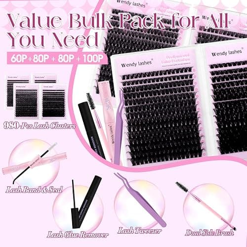 Wendy Lash Clusters Kit Packs: 980-Pcs, 60D, 80D, 80D, 100D, D Curl, 10-18mm Mixed, Cat Eye, Soft, Natural, Fluffy, DIY Eyelash, Individual, Fake Lashes, Bulk Pack thumbnail 3