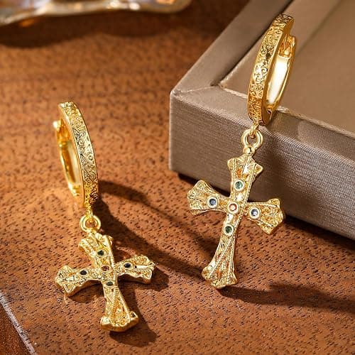 14K Gold-tone Cross Hoop Dangle Earrings Lightweight Cross Dangle Drop Earrings For Men Women Hypoallergenic (EA001) thumbnail 6