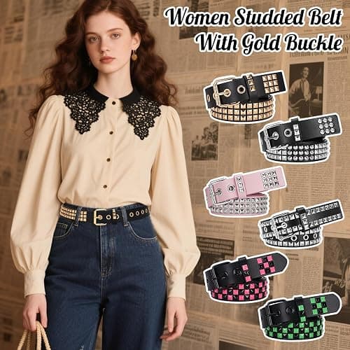 SNCEAW Studded Belt, Metal Punk Rock Rivet belt with Bright Pyramid Studded for Women Men thumbnail 2