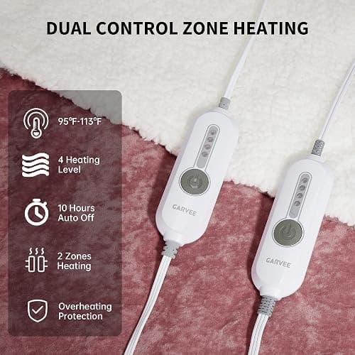 GarveeHome Queen Size Electric Blanket with Dual Controls, Pink Soft Heated Blanket, Velvet Cozy Fast Heating Blankets, 4 Heat Settings & 10H Auto Off, Over-Heat Protection, ETL Certified, 84" x 90" thumbnail 3