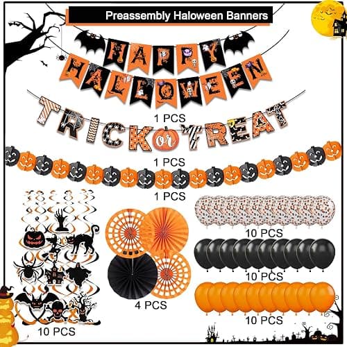 Happy Halloween Trick or Treat Banner Paper Fan Balloons & Swirl Streamers Goul Bat Cat Bird Ghost Pumpkin Lantern for Party Decorations thumbnail 4