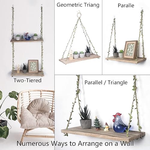 MITIME Hanging Shelves for Indoor Wall and Window - Floating Wall Shelves for Plant Display, Boho Style Home Decor.(Leaf Rope, Light Color,Large*2) thumbnail 3