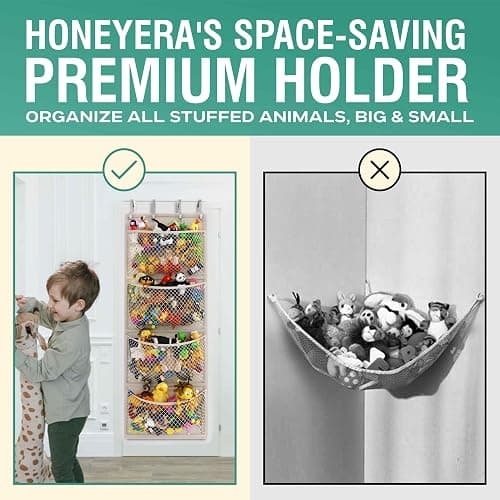Honeyera The Original Stuffed Animal Storage (Patented) - Over Door Organizer for Stuffies, Baby Ideas Holder, Toy Plush Hammock Hanging Net Big Girls Toddler Large Bag Animals Stuffy Behind thumbnail 4