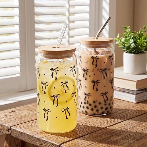 Black Bow Glass Cup with Lids And Straws Cute Halloween Gifts for Women | 16 oz Halloween Glass Cup Iced Coffee Cups Aesthetic Stuff Gift for Haloween Lovers, Women Teacher Teen Girl Gifts thumbnail 2