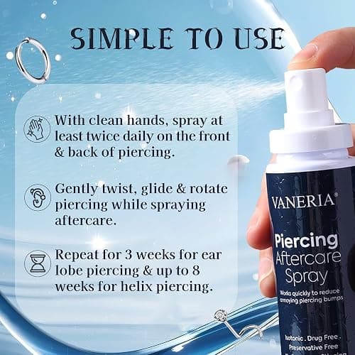 VANERIA 2Pack Piercing Aftercare Spray, 60ml, Piercings Treatment, Jewelry Maintenance Spray, Piercings Bumps, for Ears, Nose, Navel Piercings(2.03 fl.oz)（2 pcs） thumbnail 8