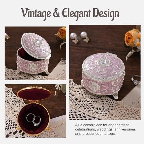 Qsabv Vintage Jewelry Box, Silver Round Treasure Ring Box, Metal Trinket Organizer Keepsake Box Gift for Girl Women, Light Purple thumbnail 4