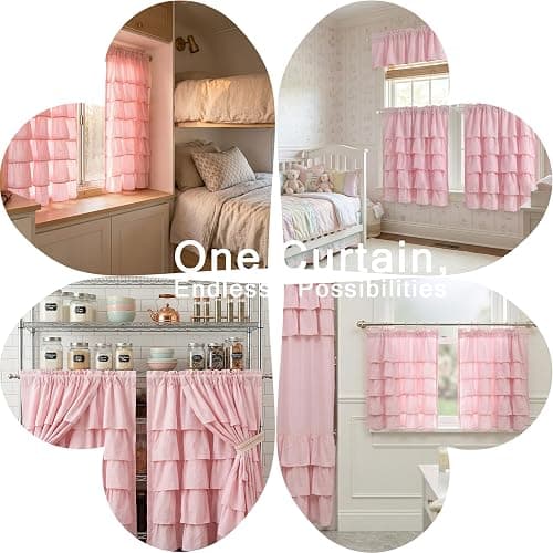 WestWeir Pink Ruffle Cafe Curtains 24 Inch Length Water Repellent Double Layer Kitchen Window Tiered Treatments 2 Panels for Bathroom Laundry RV Farmhouse Boho Decor thumbnail 5