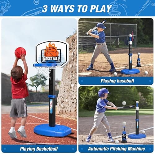 Wee Wonders 2 in 1 Toddler Basketball Hoop and T Ball Set with Automatic Pitching Machine - Adjustable Height, Kids Basketball Hoop Suit for Indoor/Outdoor, Sport Toys Gifts for Boys Age 3-5, Black thumbnail 3