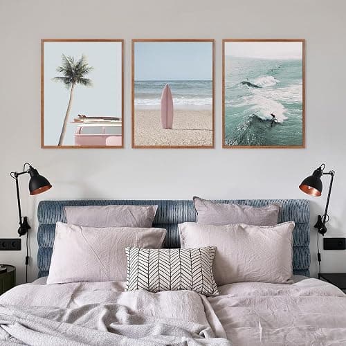 CHDITB Beach Framed Canvas Wall Art Set Of 3, Coastal Wall Decor, Ocean Wave Wall Painting, Palm Tree Seaside Artwork Surfboard Art Prints For Living Room Or Bedroom (12X16 Inch) thumbnail 3
