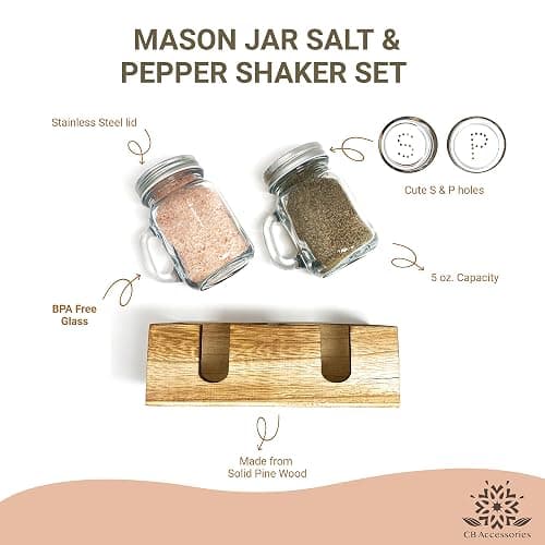 Mason Jar Salt and Pepper Shakers - Glass Shaker Set with Wood Holder Caddy, Easy to Clean & Refill for Farmhouse Kitchen Table, Home and Gifts thumbnail 4