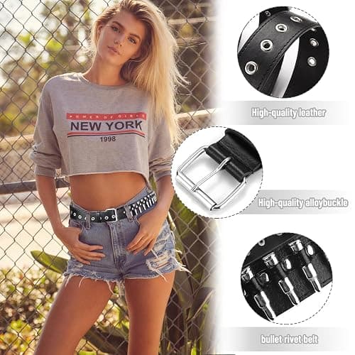YOGEYOGE Black Studded Belt, 3 Pcs Y2K Belt Emo Girl Goth Punk Rock Double Grommet with Pyramid Scene for Women Men thumbnail 4