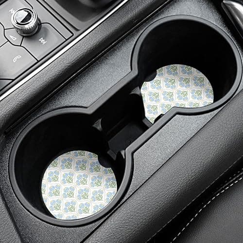 Watbro 2 Pcs Blue Flowers Car Cup Holder Coasters, 2.56 Inch Absorbent Ceramic Cup Coasters for Women, Cute Aesthetic Floral Print Car Interior Accessories for Most Cars, Trucks, SUVs thumbnail 3