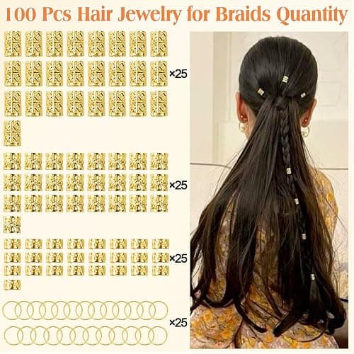 100 Pcs Gold Hair Jewelry for Braids, Gold Hair Cuffs | 4 Styles Dreadlock Accessories, Adjustable Metal Hair Clips, Hair Rings Braiding Decorations for Women Men thumbnail 3