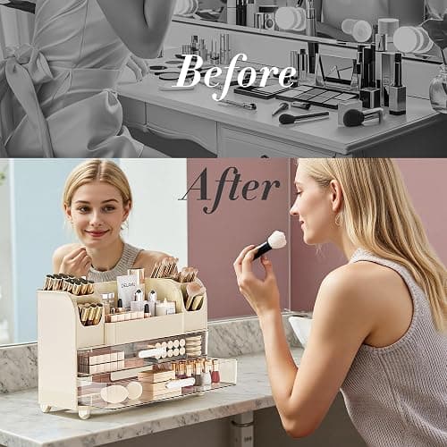 Delamu Large Makeup Organizer Countertop with 6 Brush Holders, Cream White | Vanity Organizer with 2 Drawers, Gift for Women & Girls, Holds Perfume, Skincare, Lipstick, Nail Polish & Hair Accessories thumbnail 7