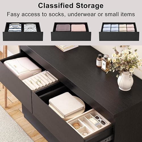 Jocoevol Black 6 Drawer Dresser for Bedroom, 15.3" D x 47.2" W x 32.3" H in Simply Modern Chest of Drawers, Wood Storage Double Dresser with Deep Drawers for Living Room, Hallway Entryway, Black thumbnail 3