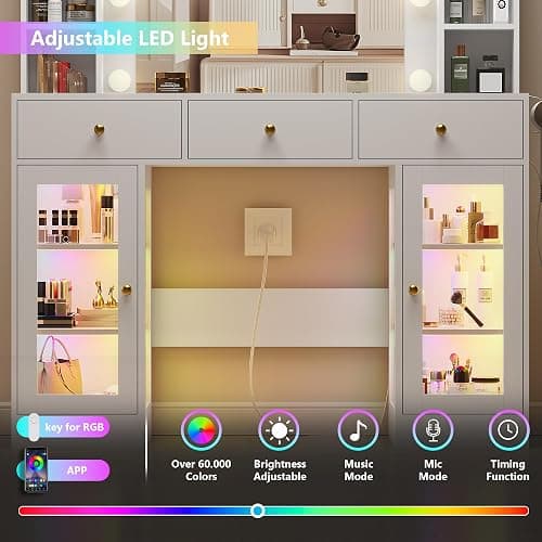 HUANLEGO White Vanity Desk with Mirror and Lights, Glass Top Vanity with Lighted Mirror & RGB Glass Cabinet and 3 Drawers, Makeup Vanity Desk with Lights Dressing Table for Bedroom, 3 Color Modes thumbnail 6
