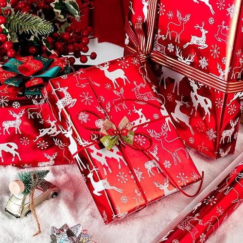 Merture Reindeer Red Christmas Wrapping Paper Roll, Metallic Red Solid Color Gift Wrap for Christmas Wedding New Year Birthday Valentines Day Mothers Day Baby Shower - Mini Roll - 17 In X 32.8 Ft(46.5 sqft) thumbnail 6
