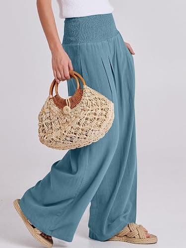 ANRABESS Women Linen Palazzo Pants Summer Boho Wide Leg High Waist Casual Lounge Pant 2025 Beach Travel Vacation Outfits thumbnail 4
