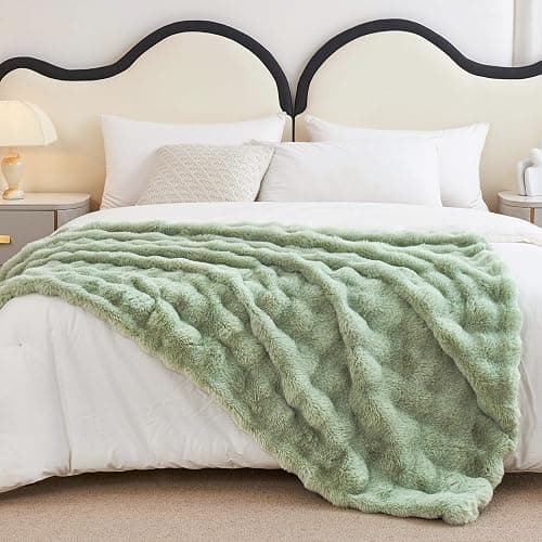 Faux Rabbit Fur Throw Blanket for Couch, Sage Green Throw Blankets 50"x60" | Cozy Reversible Fluffy Throw, Luxury Plush Thick Bubble Blanket, Mothers Gifts for Women, Soft Warm for Bed, Home Decor thumbnail 6
