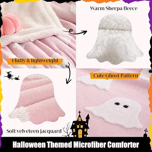 Smoofy Halloween Throw Blanket, Pink Ghost Fleece Halloween Blanket 50"x60" | Cute Pink Halloween Room Decor, Fluffy 3D Spooky Halloween Blanket for Sofa & Bed thumbnail 3