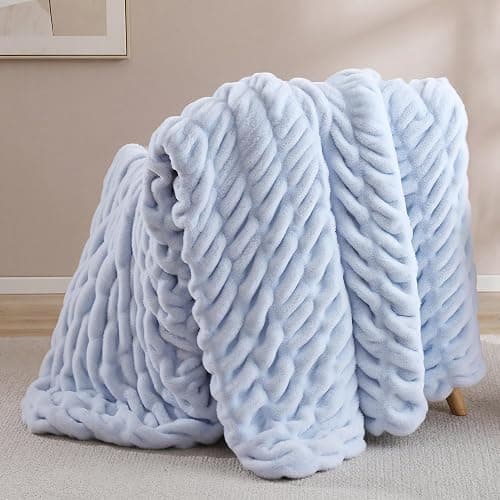 Smoofy Light Blue Fluffy Blanket for Couch - Luxury Faux Rabbit Fur 60"x80" | Ultra Soft & Plush Comfort Ruched Blanket, Cozy Fuzzy Fleece Throw for Sofa, Bed & Office, Gift for Women, Blue Room Decor - Image 1