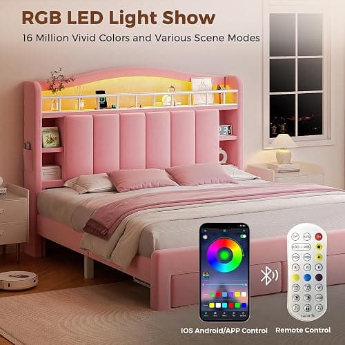 Full LED Bed Frame with Storage Headboard & 2 Storage Drawers, Princess Velvet Upholstered Bed with Vertical Tufted Headboard Design for Girls, USB & Type-C Charging Ports, Wooden Slats Support, Pink thumbnail 8