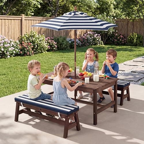 Costzon Kids Picnic Table, Fir Wood Toddler Outdoor Table & Bench Set w/Removable Umbrella & Cushions, Stripe Fabric, Kids Outdoor Furniture for Patio Backyard Garden, Fits 4 Children Age 3+ (Blue) thumbnail 2