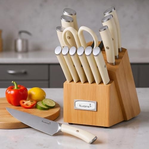 KUISINE Upgraded Knife Set High Carbon Stainless Steel Super Sharp Blade Ergonomic Rivet Handle,Knife Block Set with Built-in Sharpener(Ivory Acacia Pro,15PCS) thumbnail 7
