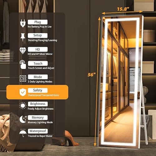 Hasipu Full Length Mirror with Lights, 56" x 15.8" LED Floor Mirror, Full Body Dressing Standing, Hanging Mounted Mirror for Living Room Bedroom Cloakroom, Square White thumbnail 2