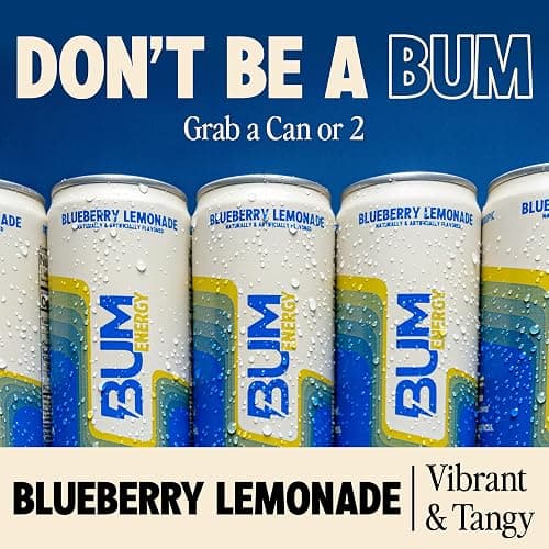 BUM Sugar-Free Energy Drink, Blueberry Lemonade - Lightly Carbonated & No Artificial Colors, Natural Caffeine & Citicoline for Energy & Focus, Brain Boost & Workout Sports Beverage - 12 oz, Pack of 12 thumbnail 3
