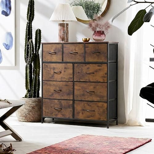 WLIVE Tall Dresser for Bedroom, 9 Drawer Chest of Drawers, Rustic Brown | 9 roomy fabric drawers, Tall storage design, Bedroom or closet use, Sturdy steel frame, Smooth wood tabletop thumbnail 6