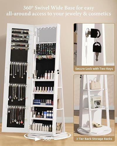 FAVSH 6 LEDs Jewelry Armoire with Frameless Full-Length Mirror, White | 360° Swivel Jewelry Cabinet Standing with 3 Back Shelves, Jewelry Organizer with Storage Lockable for Women, Girl thumbnail 5