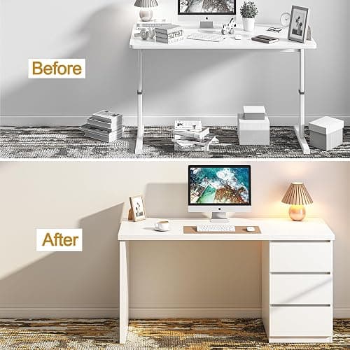 furtble White Desk with Drawers, 47'' W Home Office Desk Gaming Table, Modern Vanity Desk with Storage, Wood Computer Desk Writing Workstation for Bedroom, Living Room thumbnail 4