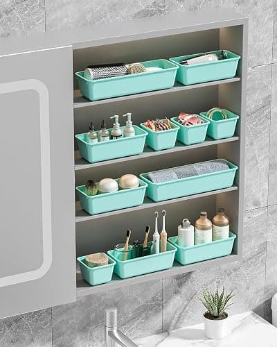 Canfanni 13 Pack Plastic Drawer Organizers Set, 3 Sizes Desk Drawer Organizer Trays for Vanity and Makeup Organizer, Organization and Storage for Makeup, Kitchen Utensils, Bathroom and Office(Blue) thumbnail 2