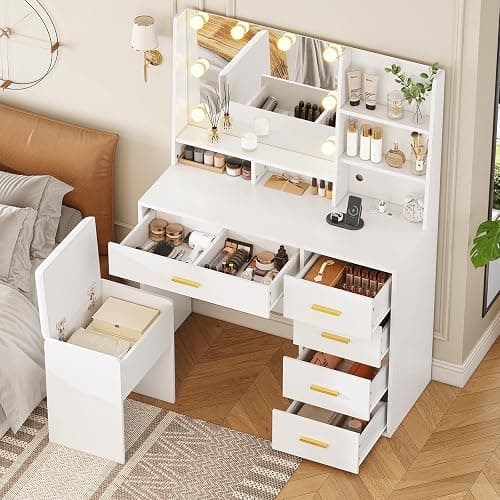 AOGLLATI Makeup Vanity Set with Lights, White Vanity Desk with Mirror and Lights, Makeup Vanity DeskTable with Cushioned Stool, Makeup Desk with Charging Station, Open Storage Shelves thumbnail 6