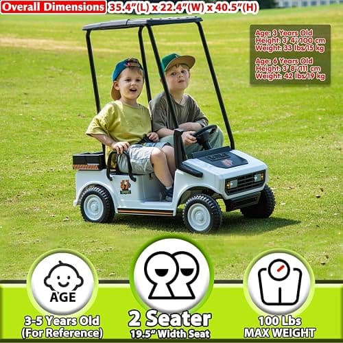 sopbost 2 Seater Ride On Car with Remote Control 2WD 12V Electric Mini Golf Cart for Kids Boys Girls Age 3-5, Bluetooth, Plastic Roof, Rear Storage Box - White thumbnail 2