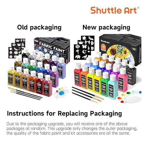 Shuttle Art Textilfarbe waschmaschinenfest, 18 waschfeste Stoffmalfarben (je 60ml) in Flaschen mit Pinseln, Vorlagen, wasserfeste Stofffarben für Kinder auf T-Shirt, Schuhe, Jeans, Tasche, Kleidung thumbnail 8